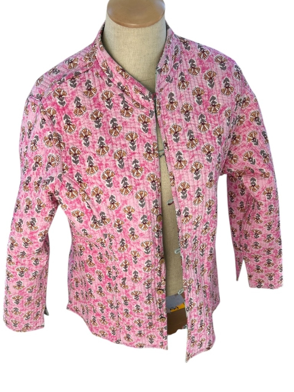 India Block Printed pink aqua floral quilted cotton reversible jacket M